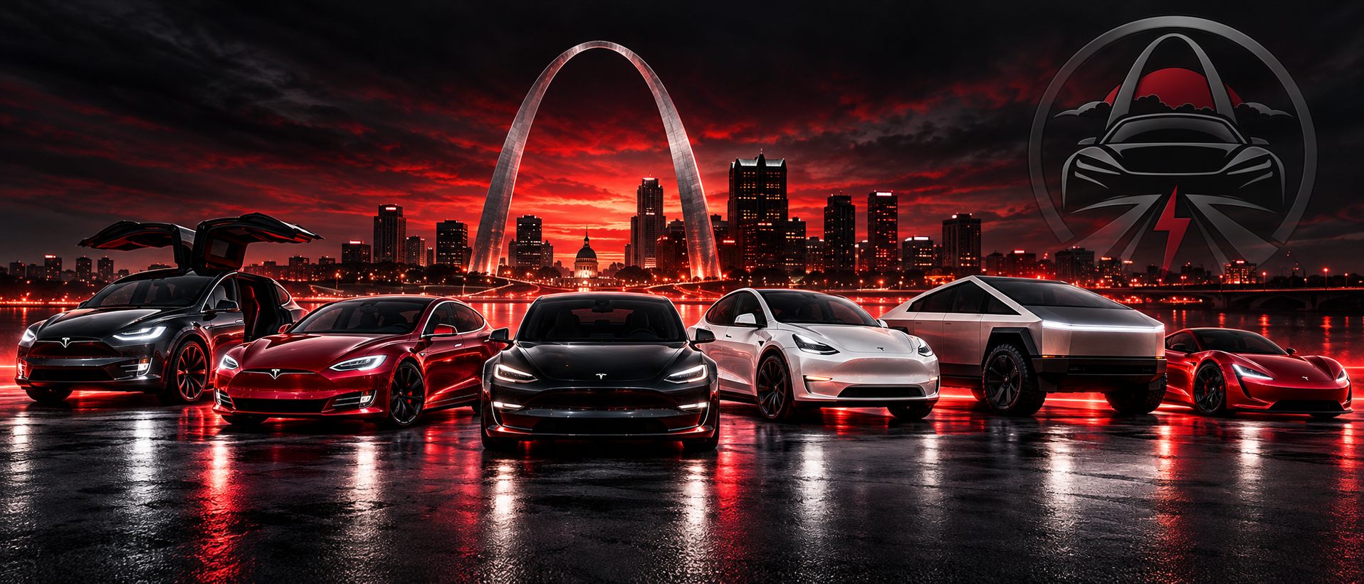 A Model X, Model S, Model 3, Model Y, Cybertruck and Roadster lined up at night in front of the Gateway Arch, with the BOCOMO Tesla logo in the sky